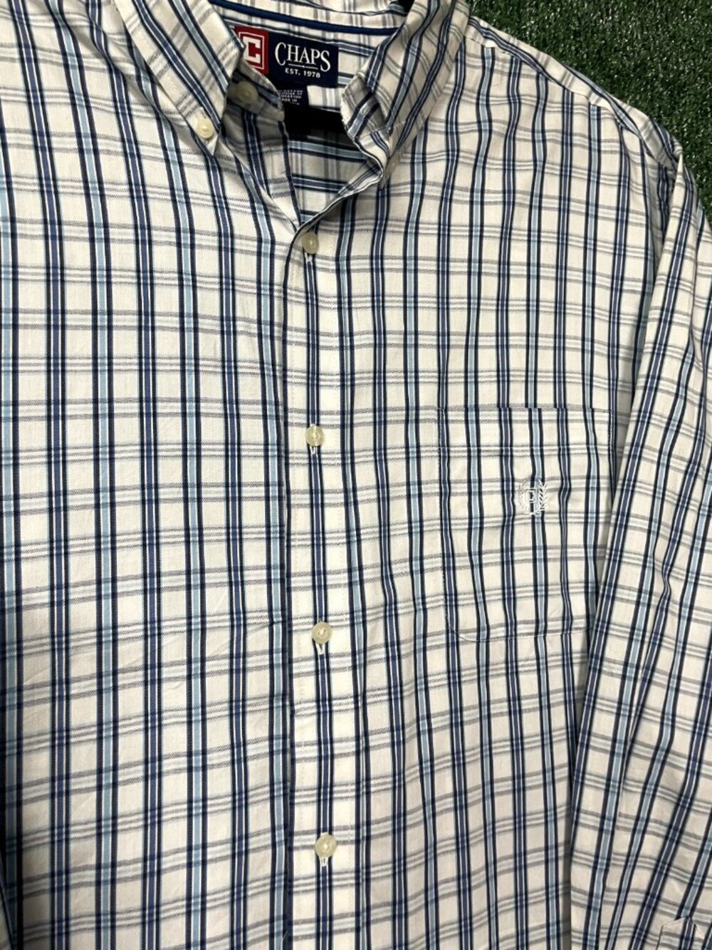Chaps Shirt Mens 2XL Long Sleeve Button up Small Check Blue White Checkered - Picture 2 of 7